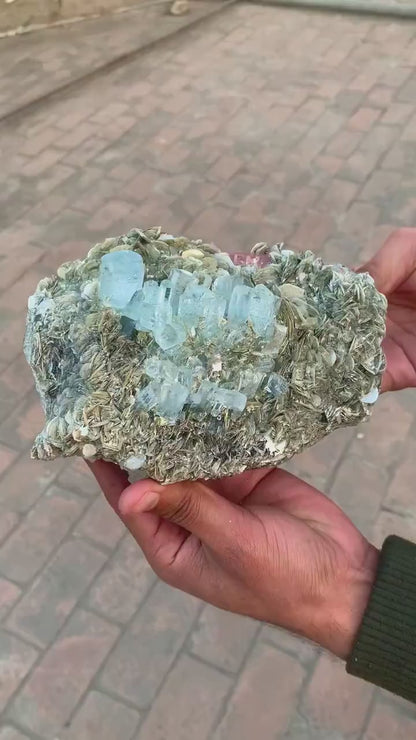 Natural Blue Color Aquamarine Cluster with Pink Apatite and Muscovite Mica, Aquamarine from Chumar Bakhoor Gilgit Pakistan - 2265 gram