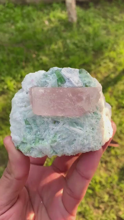 Pink Morganite with Green Tourmalines, Morganite Specimen, Tourmaline Crystals, Morganite Crystal on Albite, Mineral Specimen - 480 gram