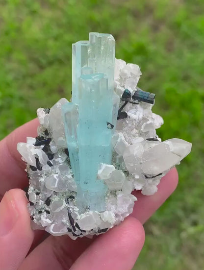Blue Aquamarine Crystals with Schorl Tourmalines and Quartz, Aquamarine Specimen from Shigar valley Skardu Pakistan - 60 gram