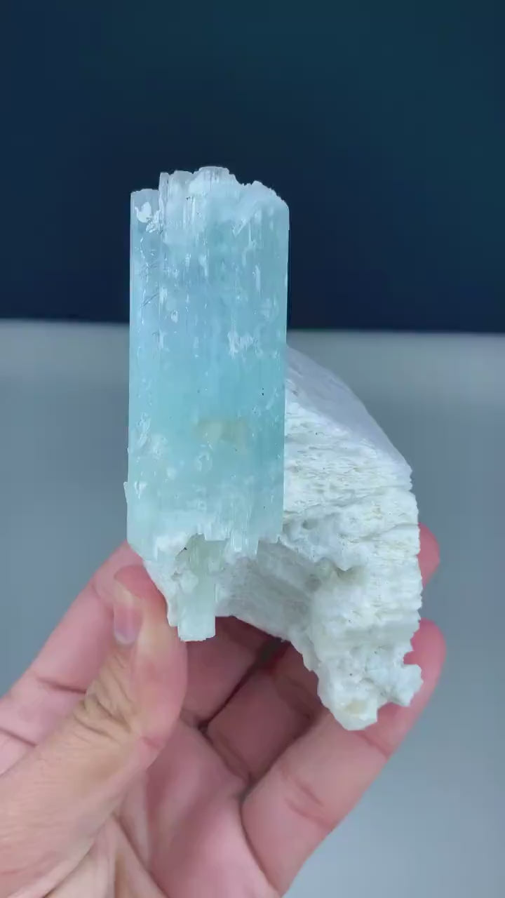 Natural Sky Blue Color Aquamarine Crystal on Feldspar, Aquamarine Specimen from Shigar valley Skardu Pakistan - 298 gram