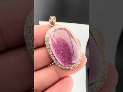 Natural Pink Kunzite Cabochon Pendant with White Zircon Halo, Oval Gemstone Jewelry, 16g