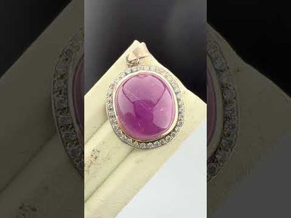 Natural Pink Kunzite Cabochon Pendant with White Zircon Halo, Oval Pink Crystal Jewelry, 10g