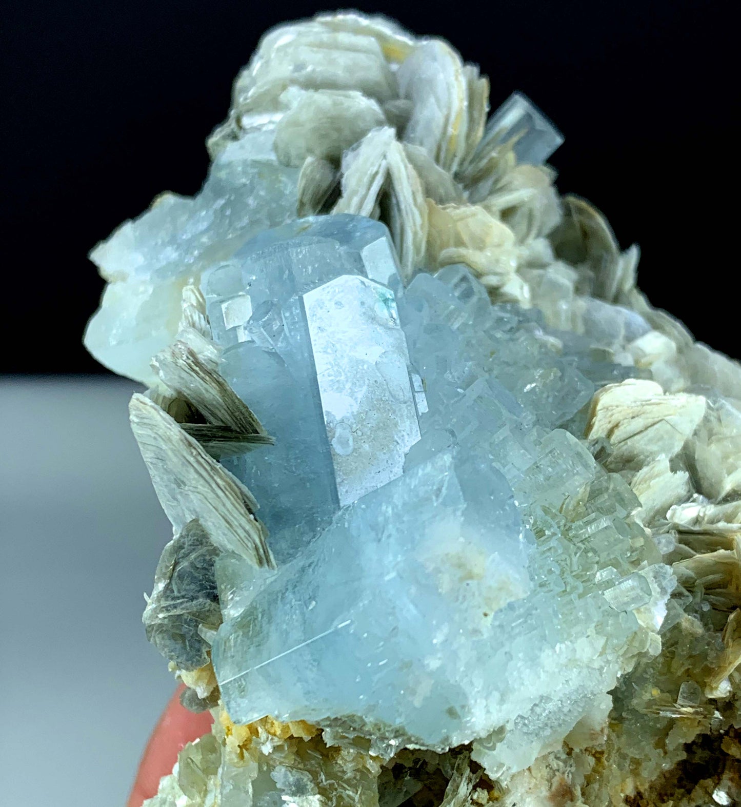 aquamarine crystals with muscovite mica
rare aquamarine mineral specimen