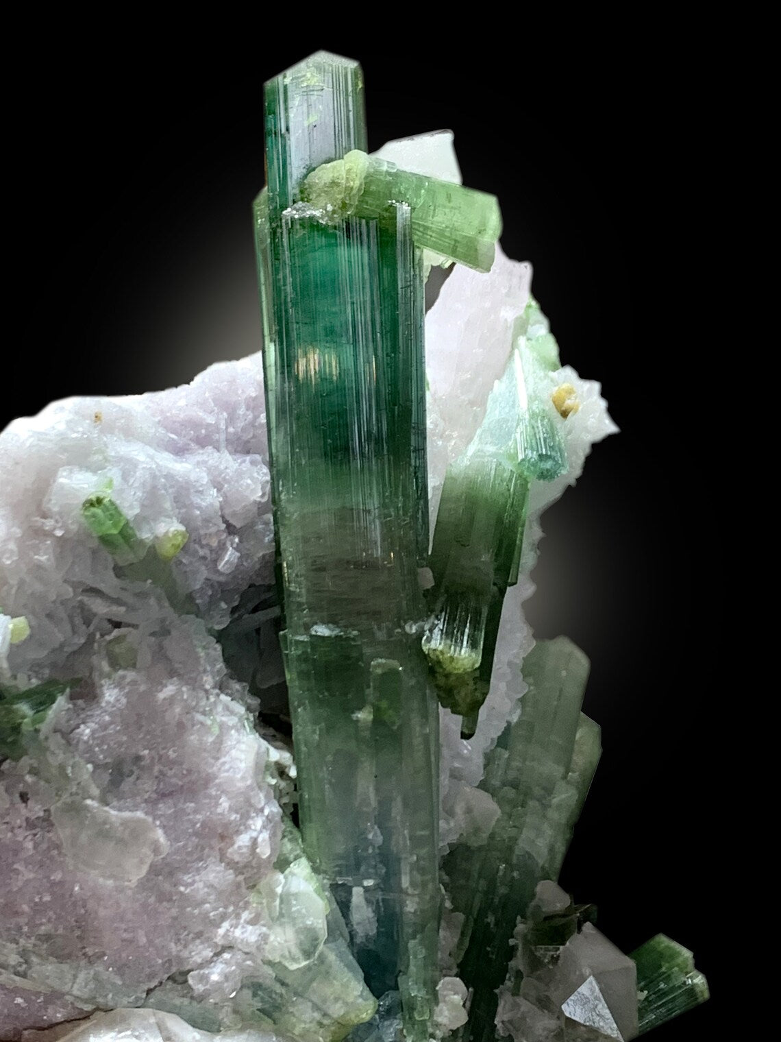 aesthetic blue green tourmaline crystal display
rare mineral association with microlite and kunzite
tourmaline crystal on matrix from Afghanistan