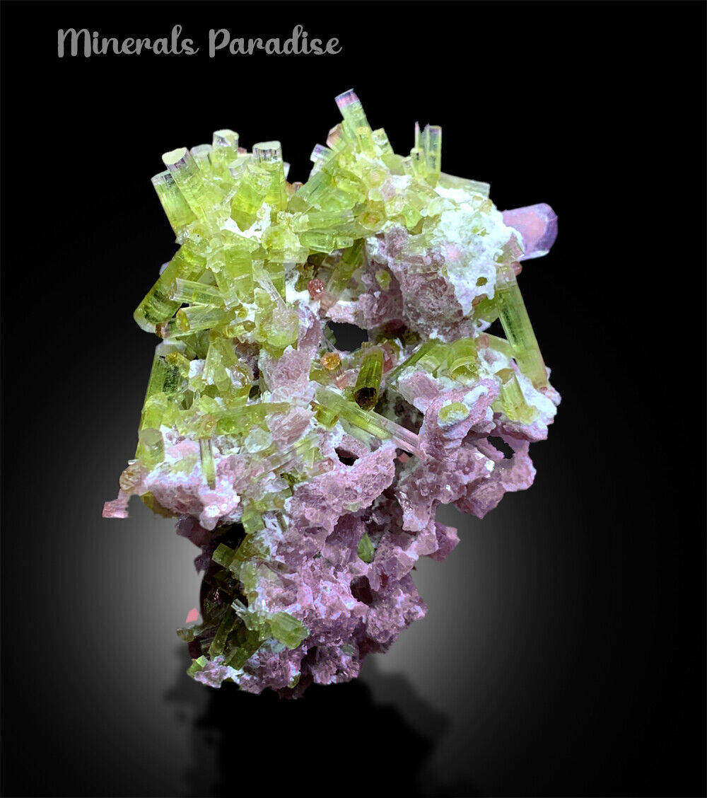 watermelon tourmaline crystal cluster with topaz
bicolor tourmaline specimen with pink lepidolite